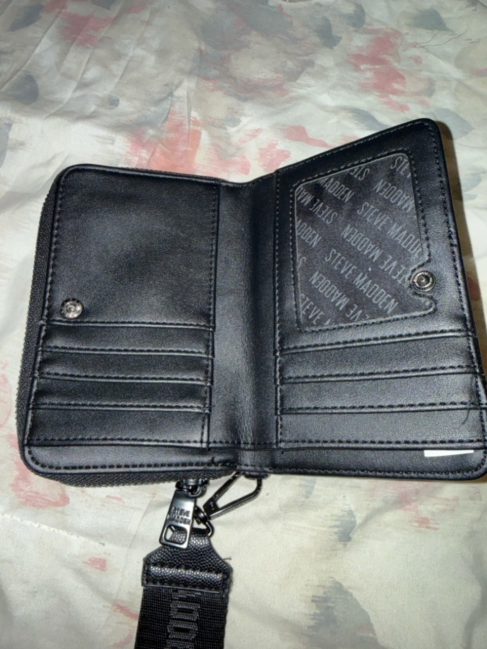 Steve Madden Black Pebbled Zip-Around Wristlet Wallet with Branded Strap - Picture 2 of 3